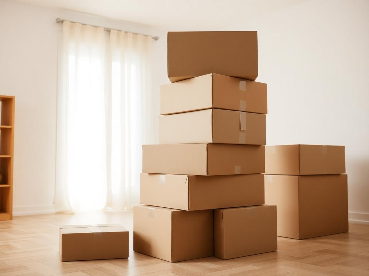 Stacked moving boxes in a sunlit room