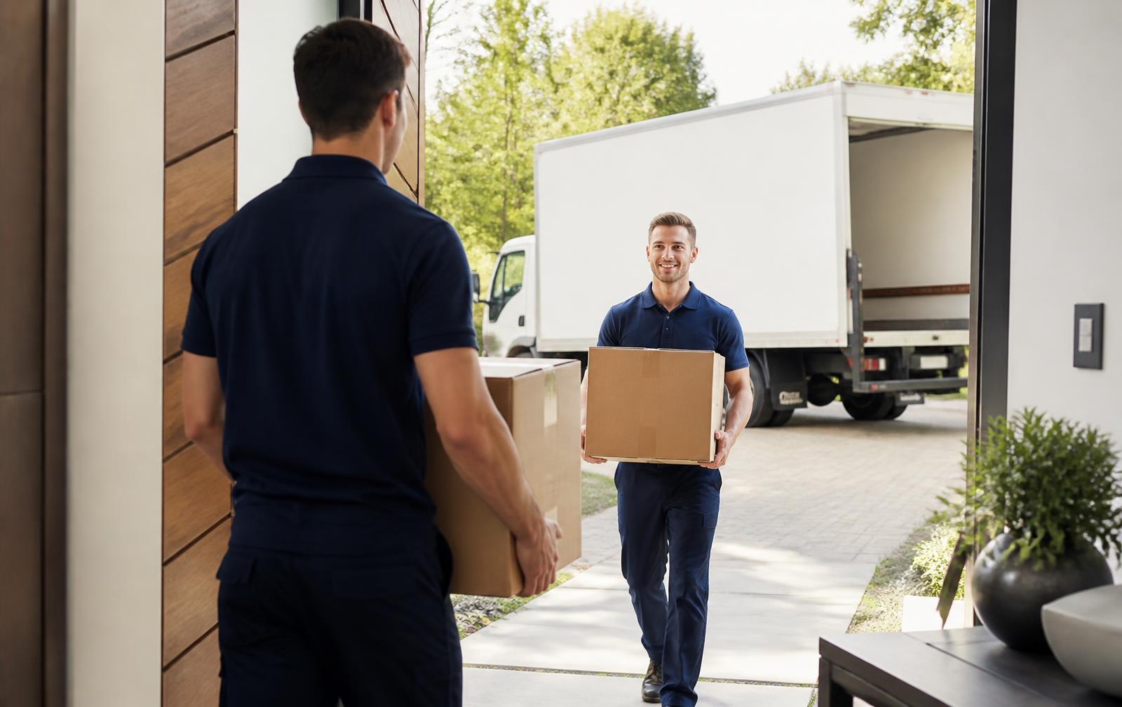 Galaxy Express movers carrying boxes into a home